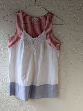 "Miss Me"  Coral Pink and Wht.,Stripe & color block top, Boho, Festival.